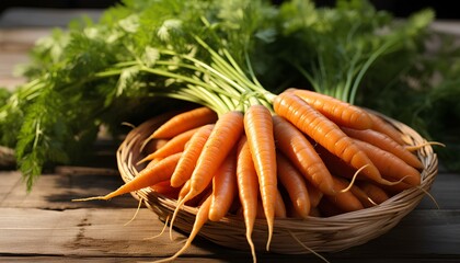 carrots. carrots in a basket. fresh carrots in a basket on a wooden table. bunch of carrots. carrot harvest season. carrots