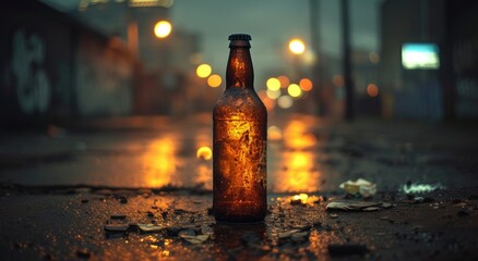 A discarded glass bottle glows amber in the dim streetlight, a symbol of forgotten nights in the bustling city - obrazy, fototapety, plakaty