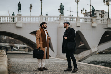 Two stylish men engaging in conversation by a historic bridge in the city.