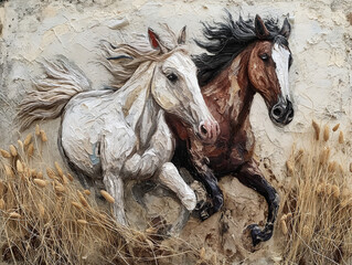 Horses illustration in embroidery texture style