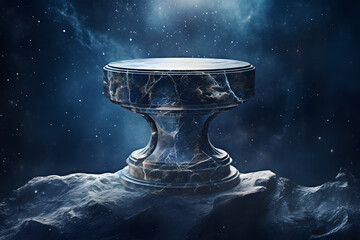 Stone pedestal outer space background deep blue and silver - obrazy, fototapety, plakaty