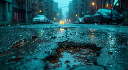 A car struggles through a dark, rainy city street, its tires splashing through a large pothole filled with icy water, the building lights reflecting off the wet ground - obrazy, fototapety, plakaty