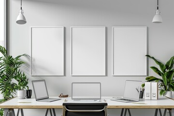 Minimalist Office Mockup Frame on Wall,Clean Workspace Mockup in Modern Office