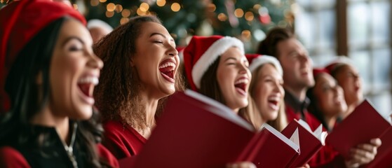 Enthusiastic Christmas Choir Sings Harmoniously, Clutching Sheet Music In Celebration. Сoncept...