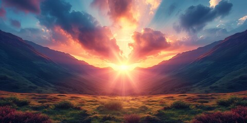 Energetic Sunrise Illuminates Lush Valley With A Burst Of Optimism, Copy Space. Сoncept Nature's...