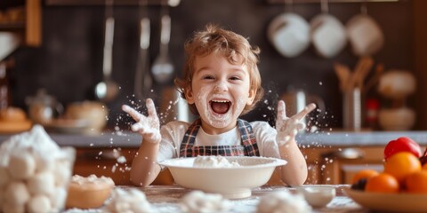 Excited Little Boy Covered In Flour, Having Fun Baking In Kitchen, Copy Space. Сoncept Baking Adventures, Messy Kitchen Fun, Flour Playtime, Little Chef In Action, Creative Cooking Moments