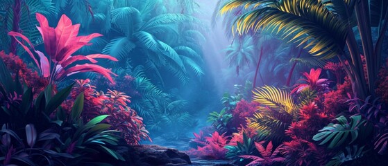 Exquisite Graphic Art Showcasing A Mesmerizing Tropical Landscape With Vibrant Botanical Elements. Сoncept Virtual Reality Gaming, Urban Street Art, Impressionist Paintings, Wildlife Photography