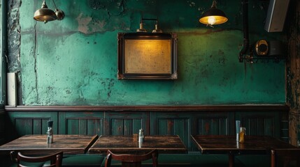 A blank picture frame hanging on the old textured wooden wall in a cosy old english or irish pub