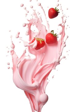 pink milk splash with strawberry fruit isolated on white background