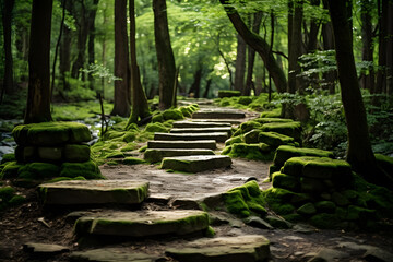 Stone platform forest landscape background green and earth