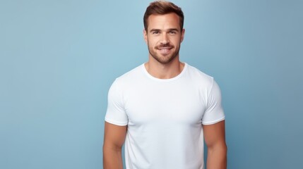 attractive strong man in white mock-up T-Shirt, looking into camera