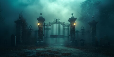Halloween Gate Dominates Haunted Cemetery With Spooky Backdrop And Copy Space. Сoncept Autumn Leaves, Cozy Sweaters, Pumpkin Spice, Harvest Festivals, Scenic Hikes