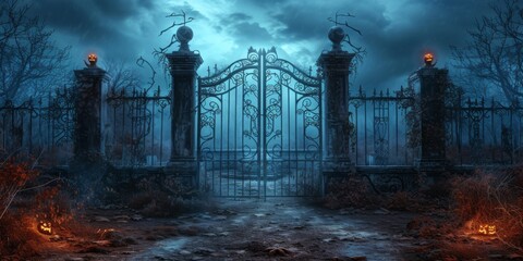Halloweenthemed Gate Stands Tall Against A Spooky Backdrop Of A Haunted Cemetery, Copy Space. Сoncept Halloween Gate, Spooky Backdrop, Haunted Cemetery, Copy Space