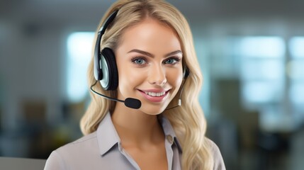 Pretty woman works in a customer center with headset, headphone and microphone