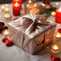 Gift box with satin ribbon and burning candles on table, closeup