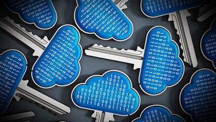 Metal keys with cloud shapes and binary codes on top. Cloud computing concept. 3D illustration - obrazy, fototapety, plakaty