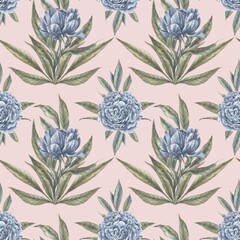 Navy blue Peonies and buds and green leaves. Hand painted watercolor seamless pattern with the pink background.
