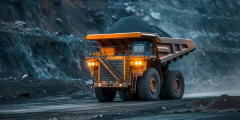 Nighttime Coal Mining Massive Dump Truck Loads Minerals Into Truck At Quarry, Copy Space. Сoncept Coal Mining Operations, Massive Dump Truck, Quarry Activities, Minerals Extraction