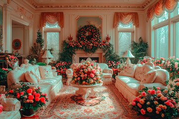 Elegant interior in beige tones decorated with lots of flowers.