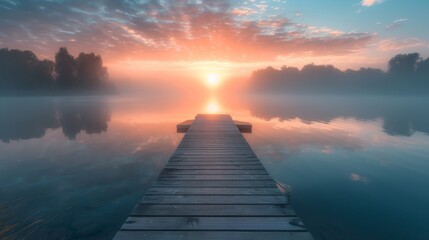 Fototapeta na wymiar Serene Lake Dock Surrounded By Mist At Sunrise, Invoking Tranquility And Serenity, Copy Space. Сoncept Romantic Beach Sunset, Adventure Travel, Pet Portraits, Vintage-Inspired Photos