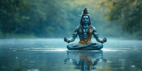 Serene Depiction Of Lord Shiva Meditating, Embodying Divine Tranquility, Copy Space. Сoncept Soothing Nature Landscapes, Relaxing Beach Scenes, Majestic Mountain Views, Enchanting Forests - obrazy, fototapety, plakaty