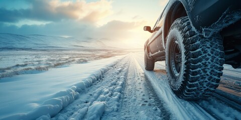 Snowy Road With Winter Tires, Navigating Icy Conditions And Ensuring Safety, Copy Space. Сoncept Winter Driving Tips, Snowy Road Safety, Navigating Icy Conditions, Winter Tires, Copy Space - obrazy, fototapety, plakaty