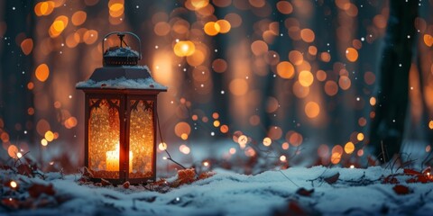 Snowcovered Lantern With Festive Lights, Set Against A Wintry Forest Backdrop, Copy Space. Сoncept Snowy Winter Landscapes, Festive Lantern Decor, Winter Wonderland Photography