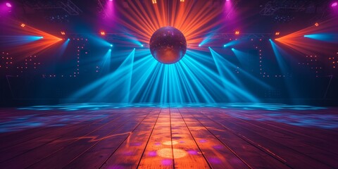 Vibrant Disco Stage Illuminated By A Sparkling Disco Ball Groovy Dance Vibes, Copy Space. Сoncept Beach Sunset Romance, Urban Street Art Exploration, Adventure Travel Photography - obrazy, fototapety, plakaty