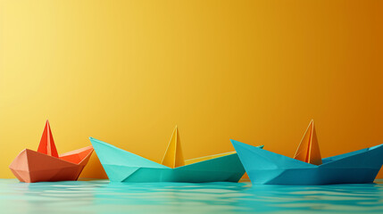 Minimalistic ships origami background concept with empty space. Vivid color image. 