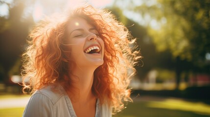 A joyful woman enjoying a sunny day in a park, laughing and having fun with friends
