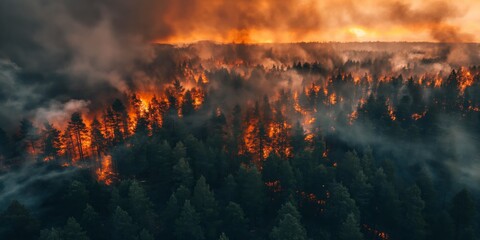 Aerial Perspective Of A Devastating Wildfire Consuming Trees And Emitting Orange Smoke, With Copy Area. Сoncept Wildfire Destruction, Devastating Flames, Orange Smoke, Aerial Perspective, Copy Area