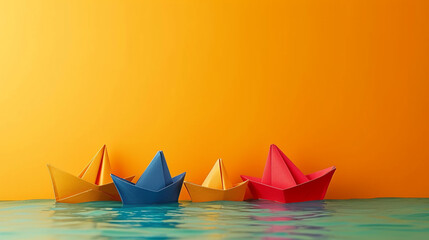 Minimalistic ships origami background concept with empty space. Vivid color image. 