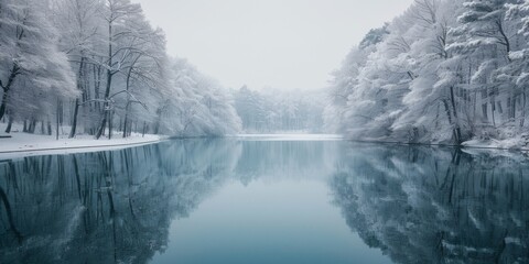 Breathtaking Winter Lake Scene In High Definition: Ideal For Wallpapers And Copy Space. Сoncept Nature's Beauty In All Seasons, Serene Winter Landscapes, Tranquil Lakeside Photography