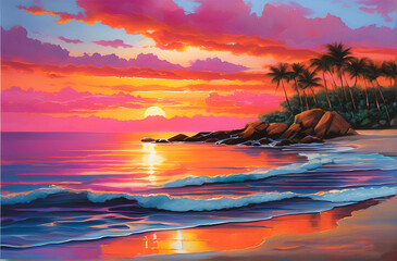 Serenity Unveiled: Breathtaking Coastal Sunset with Vivid Pink and Orange Hues. generative AI