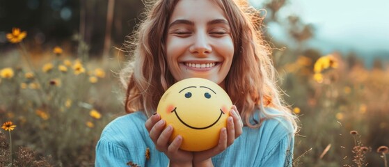 Woman Holds A Smiling Sphere, Promoting Positivity And Mental Health Awareness. Сoncept Positive Mindset, Mental Health Awareness, Smiling Sphere, Promoting Positivity, Woman Holding Sphere