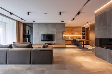 Interior of modern house, living room, kitchen and dining area. Living room interior