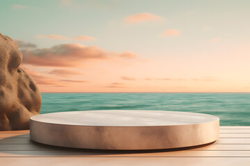 Stone podium product display beach sunset background