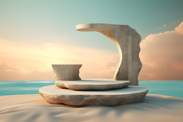 Stone podium product display beach sunset background