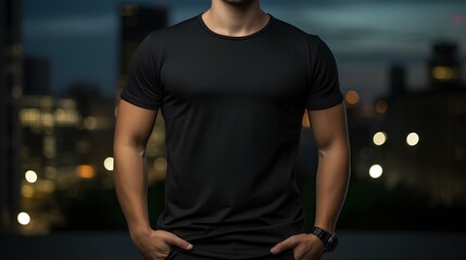 Young model man shirt mockup, boy wearing black t-shirt on street, shirt mockup template on hipster adult for design print, male guy wearing casual t-shirt mockup placement. Generative AI.