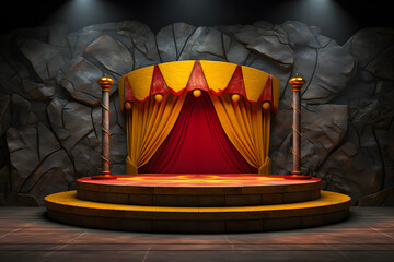 Stone podium circus tent as backdrop vibrant red and yellow - obrazy, fototapety, plakaty