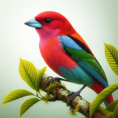 Crimson backed Tanager perched, Tangara con respaldo carmesí, high quality portrait, isolated white background.