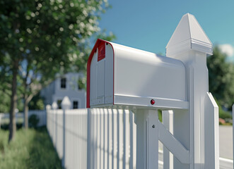 buzón de correos rústico metálico de color blanco sujeto sobre una vaya del mismo color, con fondo de árboles, edificio y cielo azul - obrazy, fototapety, plakaty