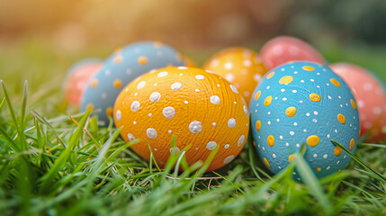 Easter background with colored eggs lying in a clearing in the grass close-up
