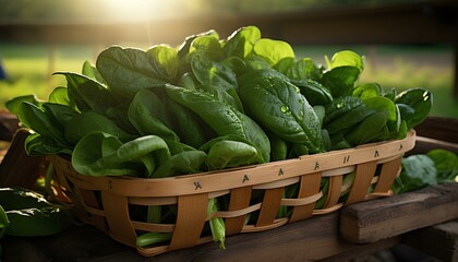 spinach in a basket. spinach in box. fresh spinach leaves in basket on wooden table. spinach in nature. spinach harvest season. leafy green Spinacia oleracea