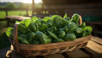 vegetables in a basket. spinach in a basket. spinach in box. fresh spinach leaves in basket on wooden table. spinach in nature. spinach harvest season. leafy green Spinacia oleracea
