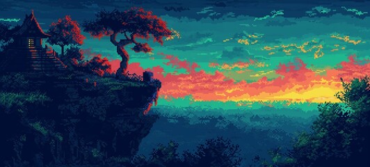 Tranquil pixel art scene featuring a traditional Asian pagoda and autumn tree against a dithered 8-bit sunset, evoking a serene evening in nature.