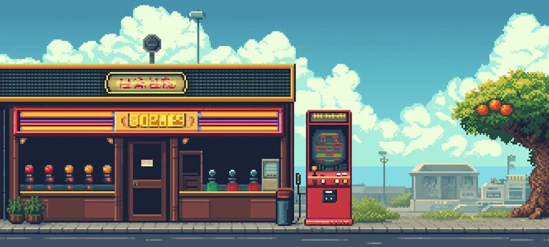 Pixel art illustration of a retro arcade storefront with a closed sign, gumball machines, and a standalone game machine, set against a serene urban backdrop.