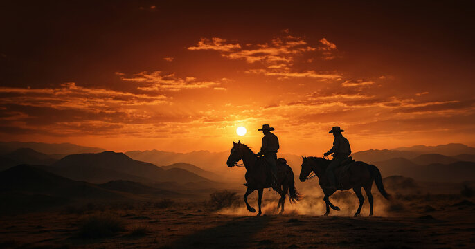 Two cowboys on horseback, silhouetted against the fiery orange sky, gallop on their trusty steed towards the setting sun.