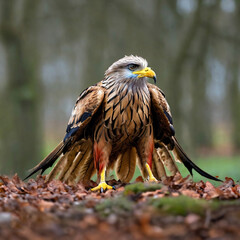 portrait of red tailed hawk standing on ground in the forest. Red Kite (Milvus milvus) in flight in the forest