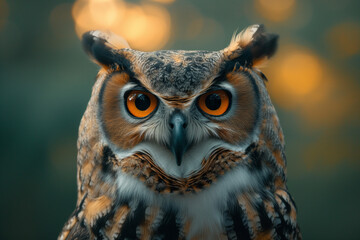 Portrait of an owl, Bubo virginianus, in a forest at sunset